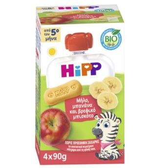 Hipp BIO Φρουτοπολτοί με Μήλο, Μπανάνα & Βρεφικό Μπισκότο Κατάλληλο για Βρέφη από τον 5ο Μήνα 4x90gr