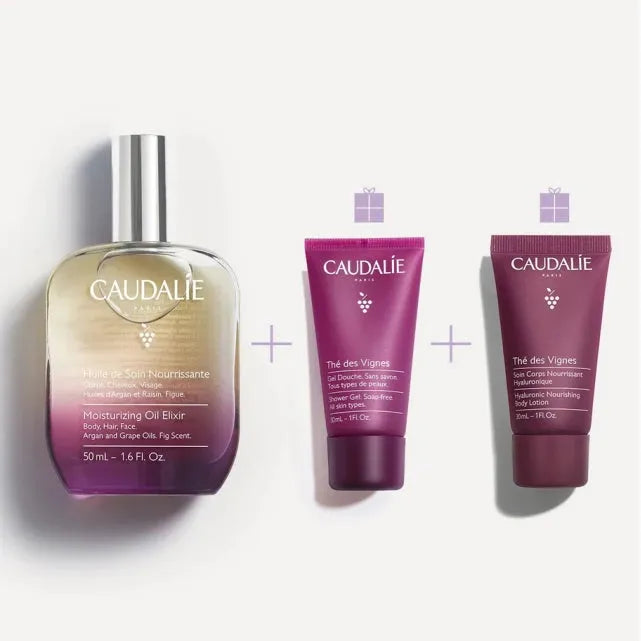 Caudalie Xmas Promo Moisturising Oil Elixir Λάδι Προσώπου, Σώματος & Μαλλιών, 50ml, Δώρο The des Vignes Shower Gel Αφρόλουτρο Σώματος, 30ml & The des Vignes Hyaluronic Nourishing Body Lotion Ενυδατική Λοσιόν Σώματος, 30ml, 1σετ