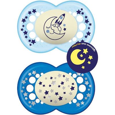 Mam Orthodontic Silicone Pacifiers Moon/Stars Light Blue - Midnight Blue for 16+ months 2pcs