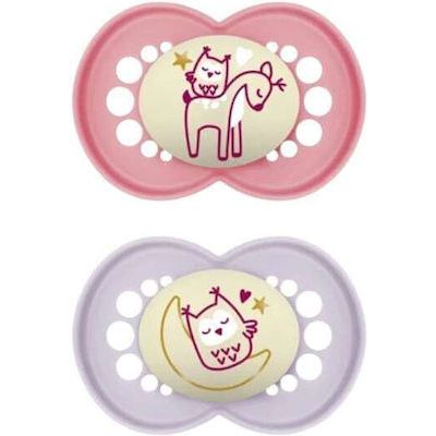 Mam Orthodontic Silicone Pacifiers Owl Fuchsia/Purple Night for 6+ months 2pcs