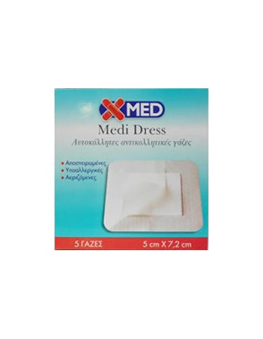 Xmed Medi Dress Αυτοκόλλητες Αντικολλητικές Γάζες 5cmX7,2cm (5 Γάζες)