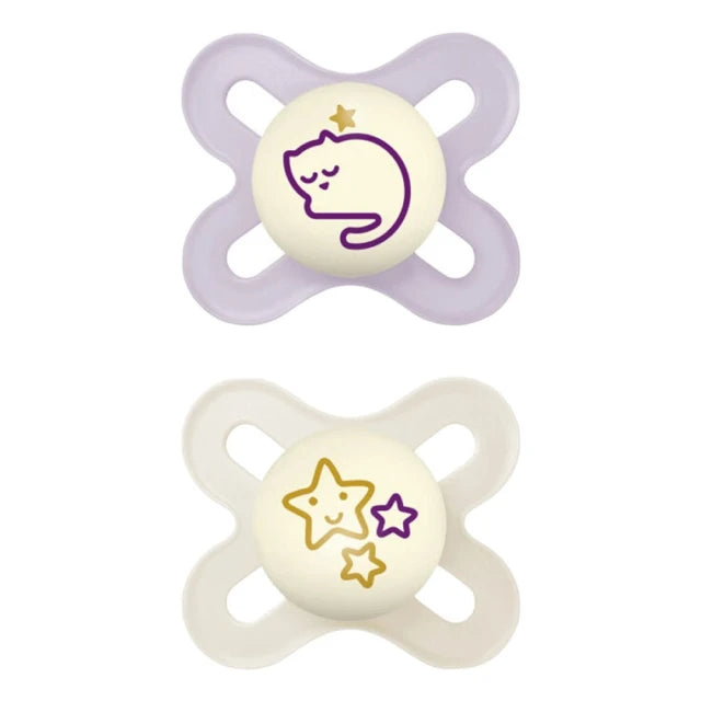 Mam Original Start Night Glow-in-the-Dark Silicone Pacifier Lilac &amp; Cream 0-2m, 2pcs