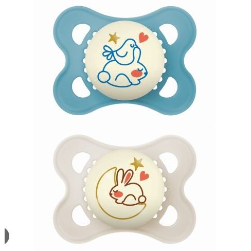 Mam Orthodontic Silicone Pacifiers Beige/Night Blue with Case for 2-6 months 2pcs