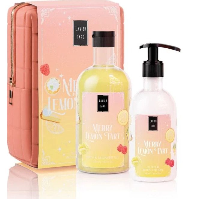 Lavish Care PROMO Xmas Merry Lemon Tart Bath &amp; Shower Gel 500ml &amp; Glitter Body Lotion 300ml &amp; GIFT Toiletry Bag