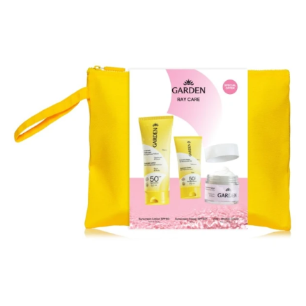 GARDEN Promo Ray Care, Αντηλιακό Γαλάκτωμα Πρόσωπο & Σώμα SPF50 -75ml & Αντηλιακή Κρέμα Προσώπου SPF50+ -25ml & Αντιρυτιδική Κρέμα για πρόσωπο και μάτια -50ml & Νεσεσέρ -1σετ