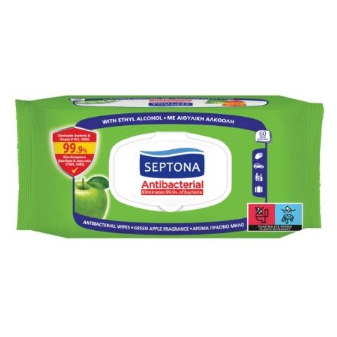 Septona Αντιβακτηριδιακά Μαντηλάκια Χεριών Πράσινο Μήλο 60τμχ