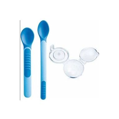 Mam Baby Set with Spoons with Temperature Indicator from Plastic Blue in Case for 6+ months 2pcs