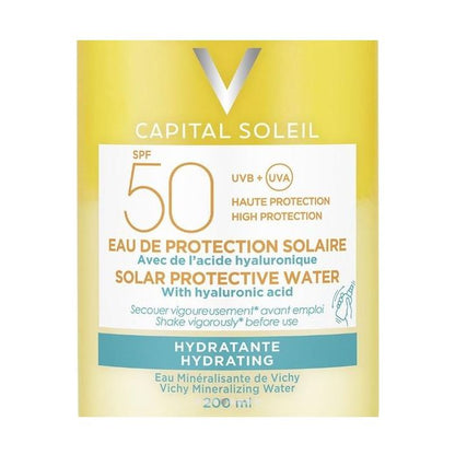 Vichy Capital Soleil Соларна защитна вода с хиалуронова киселина водоустойчив слънцезащитен лосион за тяло SPF50 в спрей 200 мл