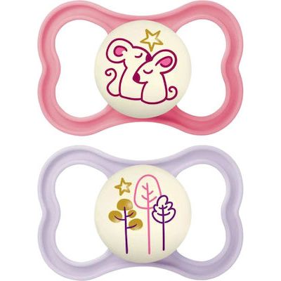 Mam Orthodontic Silicone Pacifiers Mice / Trees Pink / Purple Night for 16+ months 2pcs